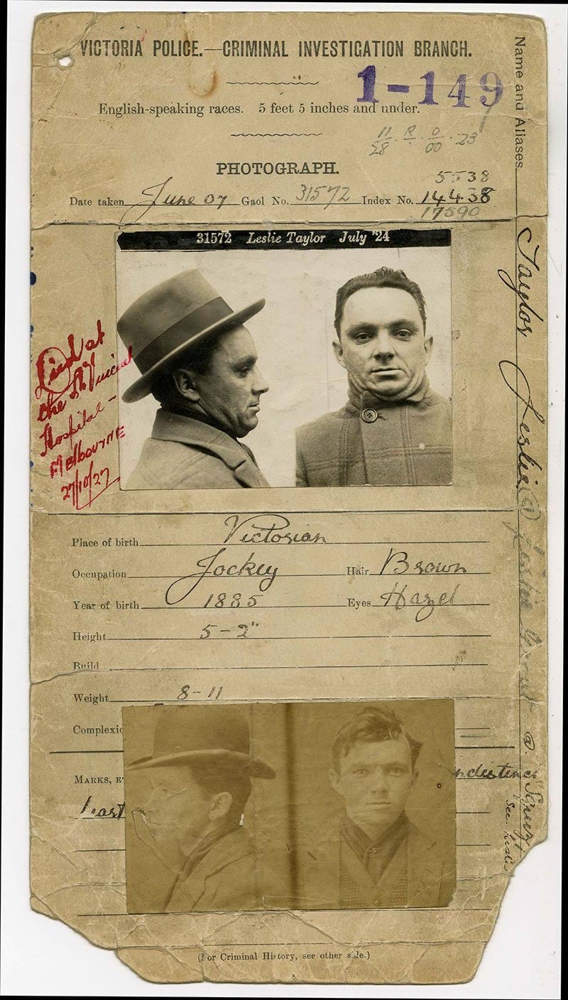 Photo of gangster Squizzy Taylor's police record