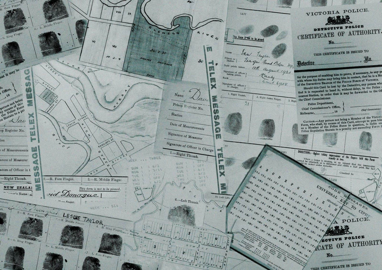 A variety of black and white historical documents, including maps, fingerprint sheets and Telex messages