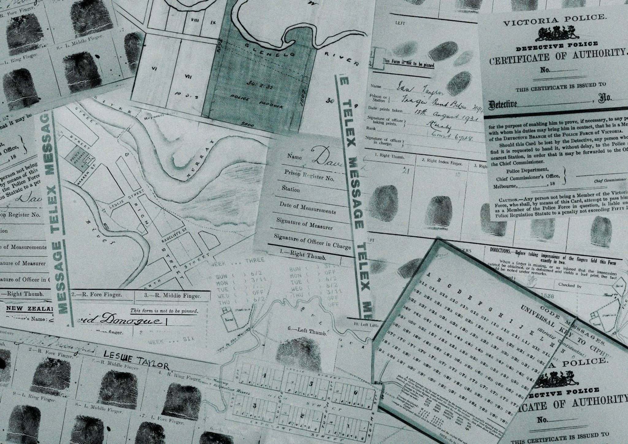 View 300+ artefacts, documents and exhibitions at the Victoria Police Museum. A variety of black and white historical documents, including maps, fingerprint sheets and Telex messages